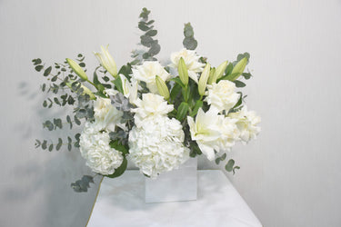 Ohara Roses White Hydrangea Lilies Ceramic Vase Arrangement, Ethereal Elegance, Ohara Roses, White Hydrangea, Lilies, Classic Vase